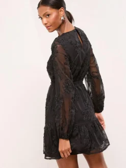 Lipsy 3D Lace Long Sleeve Mini Dress Black Online