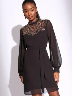 Lipsy Black Embellished Cut Out Artwork Long Sleeve Mini Shift Dress Outlet