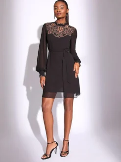 Lipsy Black Embellished Cut Out Artwork Long Sleeve Mini Shift Dress Outlet