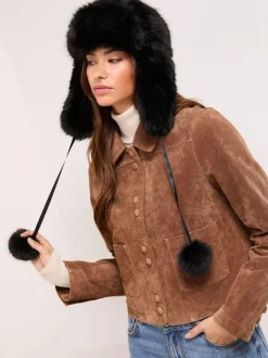 Lipsy Faux Fur Trapper Hat with Poms Black New
