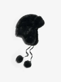 Lipsy Faux Fur Trapper Hat with Poms Black New
