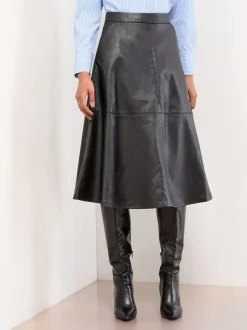 Lipsy Textured Fit and Flared Midi Skirt Black Faux Leather Hot