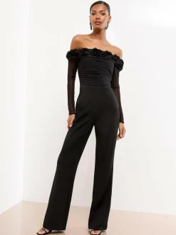 Lipsy Black Flower 3D Trim Bardot Long Sleeve Mesh Jumpsuit