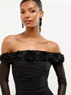 Lipsy Black Flower 3D Trim Bardot Long Sleeve Mesh Jumpsuit