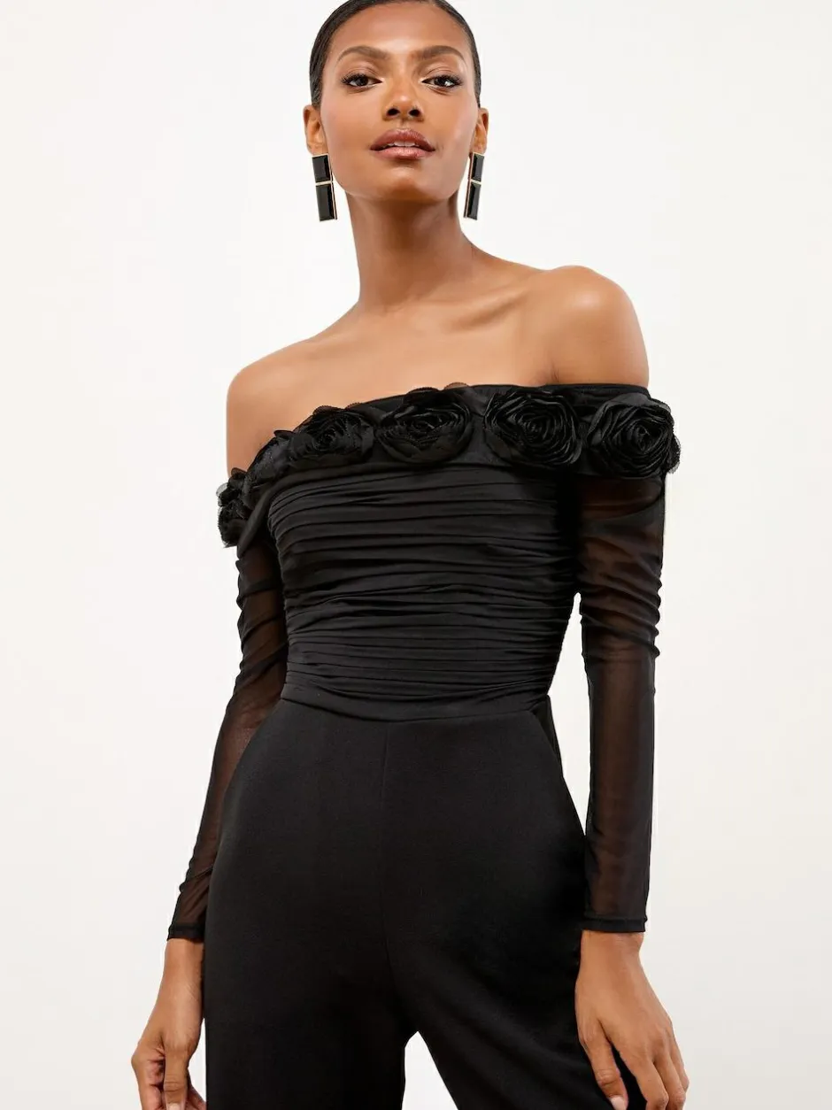 Lipsy Black Flower 3D Trim Bardot Long Sleeve Mesh Jumpsuit
