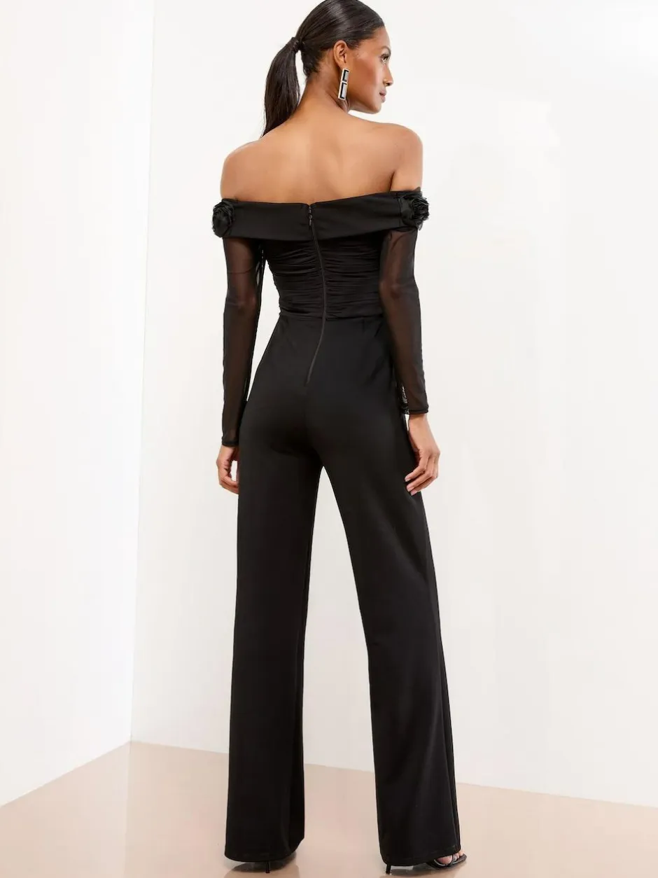 Lipsy Black Flower 3D Trim Bardot Long Sleeve Mesh Jumpsuit