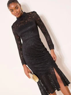 Lipsy Black High Neck Lace Flare Sleeve Midi Dress