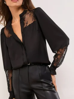 Lipsy Black Lace Detail Grandad Shirt Clearance