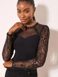 Lipsy Black Lace Long Sleeve Top Online