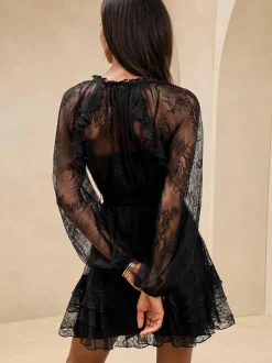 Lipsy Black Lace V-Neck Ruffle Mini Shift Dress