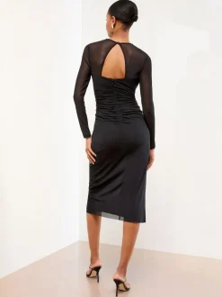 Lipsy Black Long Sleeve Embellished Trim Mesh Bodycon Midi Dress Sale
