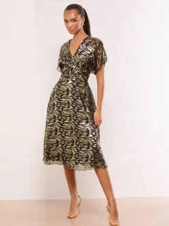 Lipsy Black Metallic Printed V-Neck Fit And Flare Midi Dress Best