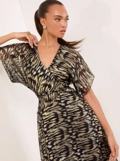 Lipsy Black Metallic Printed V-Neck Fit And Flare Midi Dress Best
