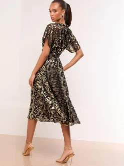 Lipsy Black Metallic Printed V-Neck Fit And Flare Midi Dress Best
