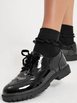 Lipsy Black Narrow Fit (E) Clean Lace Up Chunky Brogue School Shoes New