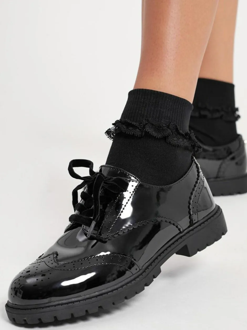 Lipsy Black Narrow Fit (E) Clean Lace Up Chunky Brogue School Shoes New