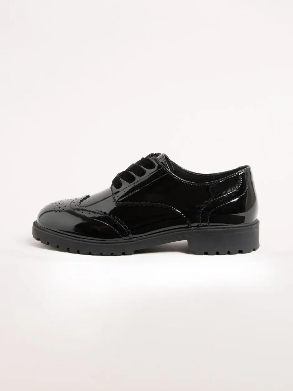 Lipsy Black Narrow Fit (E) Clean Lace Up Chunky Brogue School Shoes New