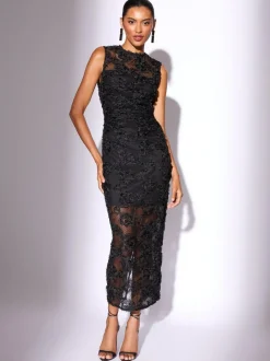 Lipsy Black Petite 3d Floral Mesh Midaxi Bodycon Dress New