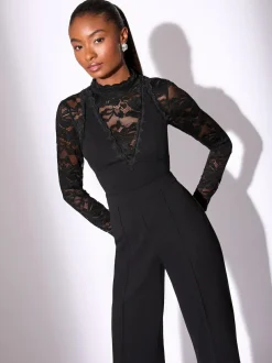 Lipsy Black Petite Long Sleeve Lace High Neck Jumpsuit Sale