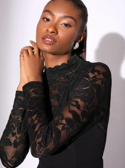 Lipsy Black Petite Long Sleeve Lace High Neck Jumpsuit Sale
