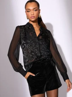 Lipsy Black Satin Sheer Sleeve Burnout Button Through Shirt