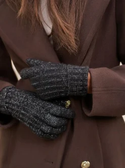 Lipsy Shimmer Ribbed Knitted Gloves Black New