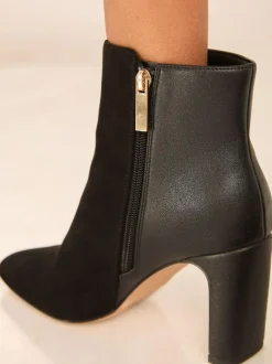 Lipsy Black Standard fit Faux Leather Mixed Material Mid Block Heeled Smart Ankle Boots Outlet