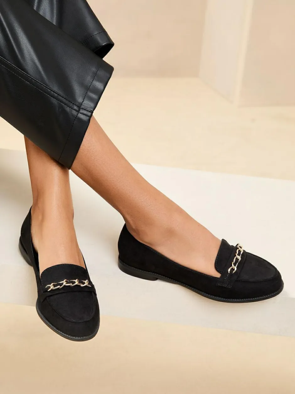 Lipsy Black Standard Fit Flat Slip On Chain Trim Faux Suede Loafers Online