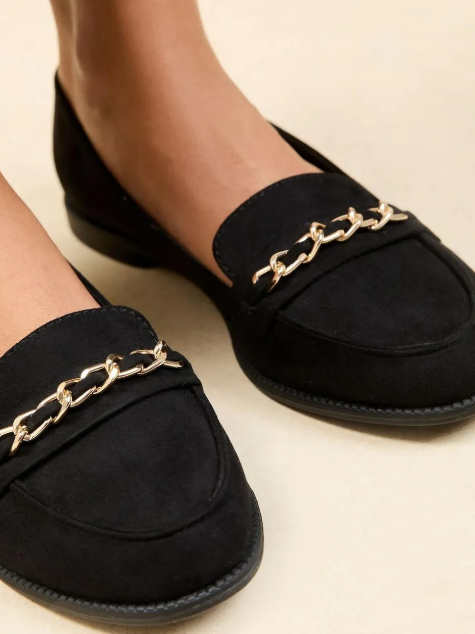 Lipsy Black Standard Fit Flat Slip On Chain Trim Faux Suede Loafers Online