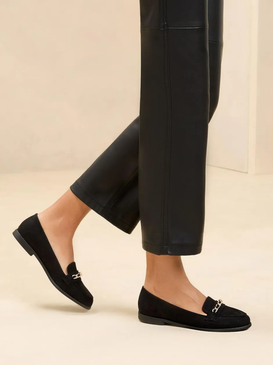 Lipsy Black Standard Fit Flat Slip On Chain Trim Faux Suede Loafers Online
