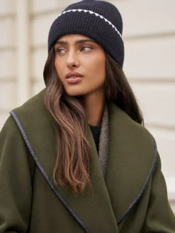Lipsy Whipstitch Trim Beanie Hat Black New