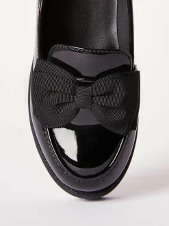 Lipsy Black Wide Fit (G) Patent Chunky Bow Slip On Loafer School Shoes Hot