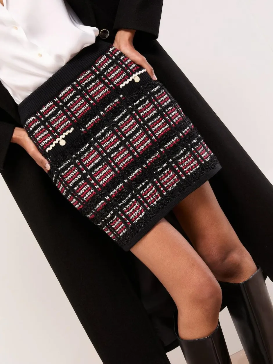 Lipsy Black/Red Checked Boucle Trim Detail Knitted Mini Skirt Best