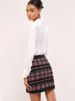 Lipsy Black/Red Checked Boucle Trim Detail Knitted Mini Skirt Best