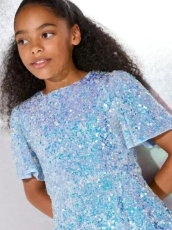 Lipsy Blue Sequin Bubble Hem Party Dress (5-16yrs) Online