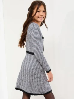 Lipsy Blue/Black Boucle Button Through Knit Dress (5-16yrs) Hot