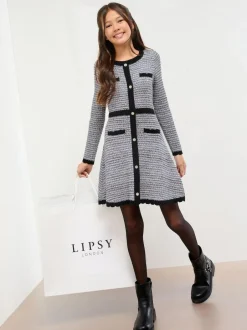 Lipsy Blue/Black Boucle Button Through Knit Dress (5-16yrs) Hot