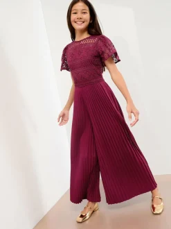 Lipsy Flutter Sleeve Lace Occasion Jumpsuit (5-16yrs) Burgundy Red Hot
