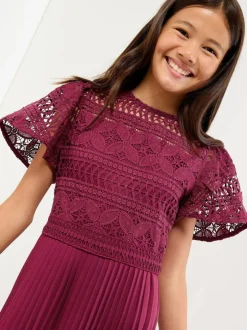 Lipsy Flutter Sleeve Lace Occasion Jumpsuit (5-16yrs) Burgundy Red Hot