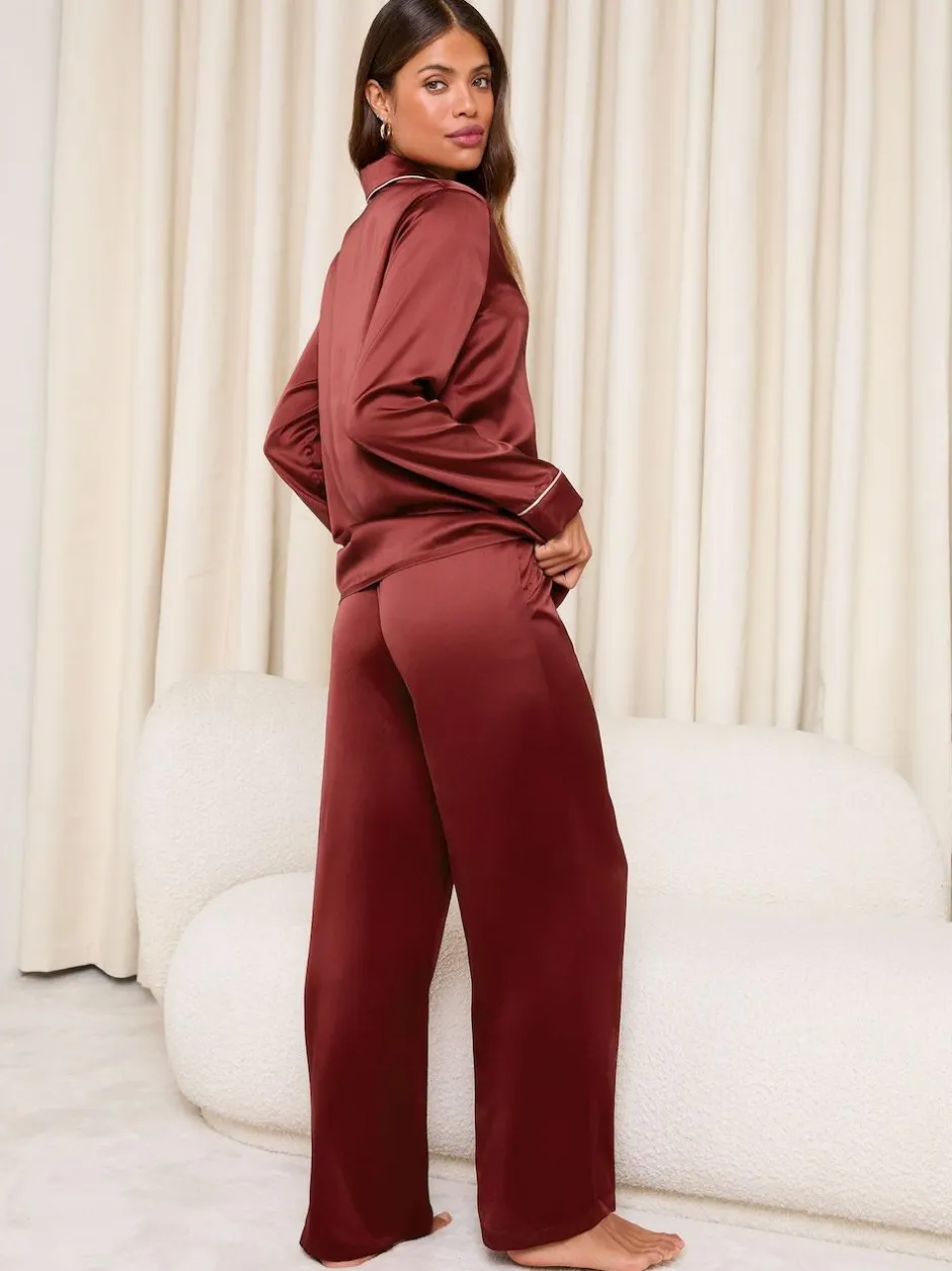 Lipsy Burgundy Red Long Sleeve Printed Satin Pyjamas Set