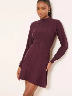Lipsy Mini Diamond Knitted Long Sleeve Dress Burgundy Red Online