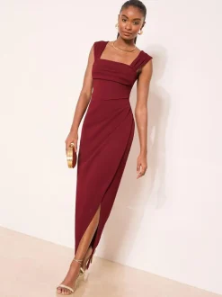 Lipsy Petite Square Neck Short Sleeve Ruched Maxi Dress Burgundy Red Online