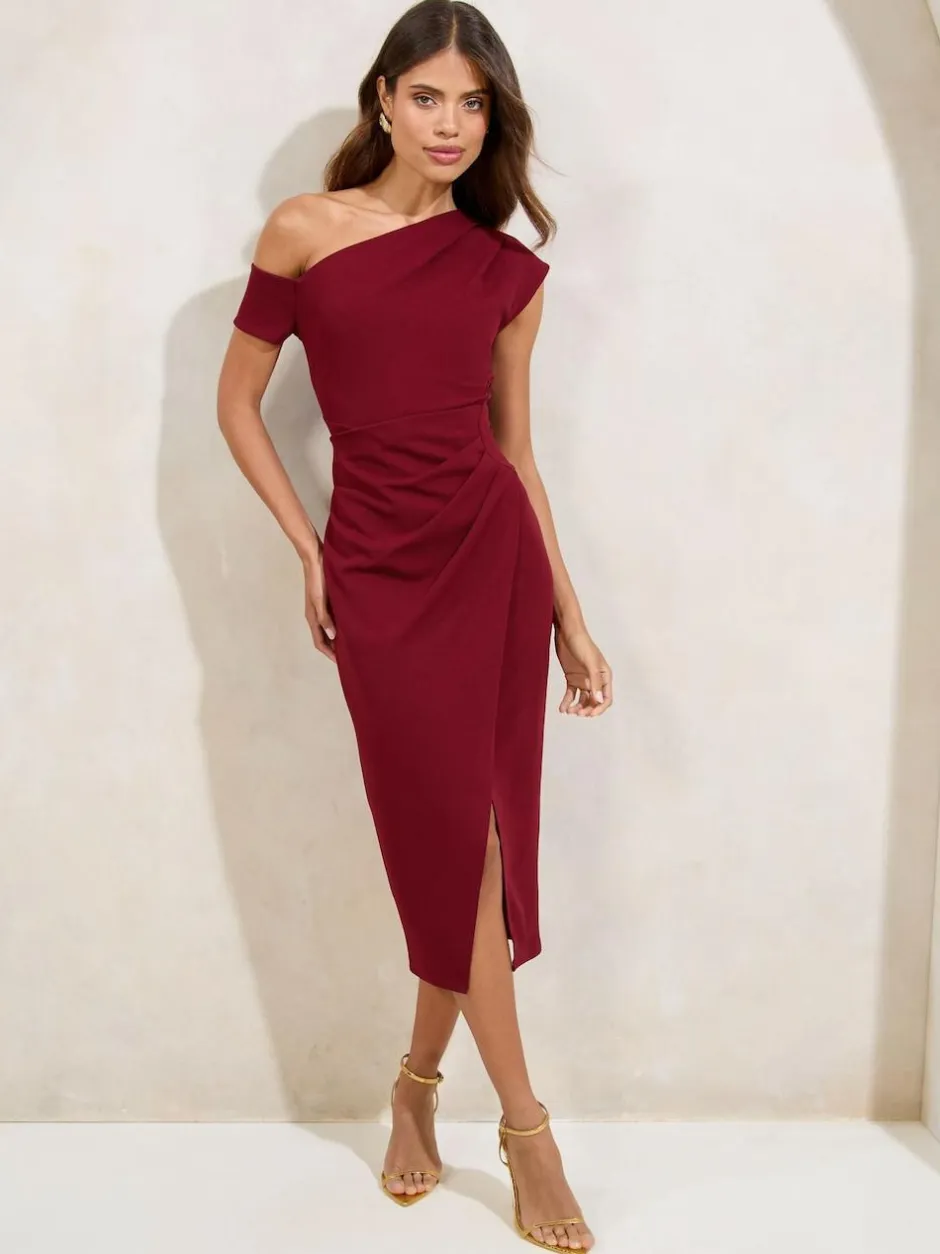 Lipsy Petite Off The Shoulder Gathered Waist Midi Dress Burgundy Red Best