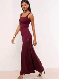 Lipsy Burgundy Red Petite Satin Mix Structured Fishtail Bridesmaid Maxi Dress