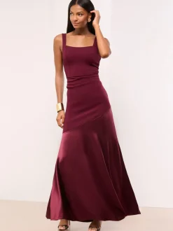 Lipsy Burgundy Red Petite Satin Mix Structured Fishtail Bridesmaid Maxi Dress