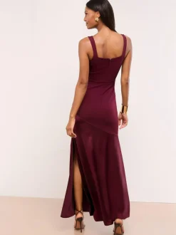 Lipsy Burgundy Red Petite Satin Mix Structured Fishtail Bridesmaid Maxi Dress