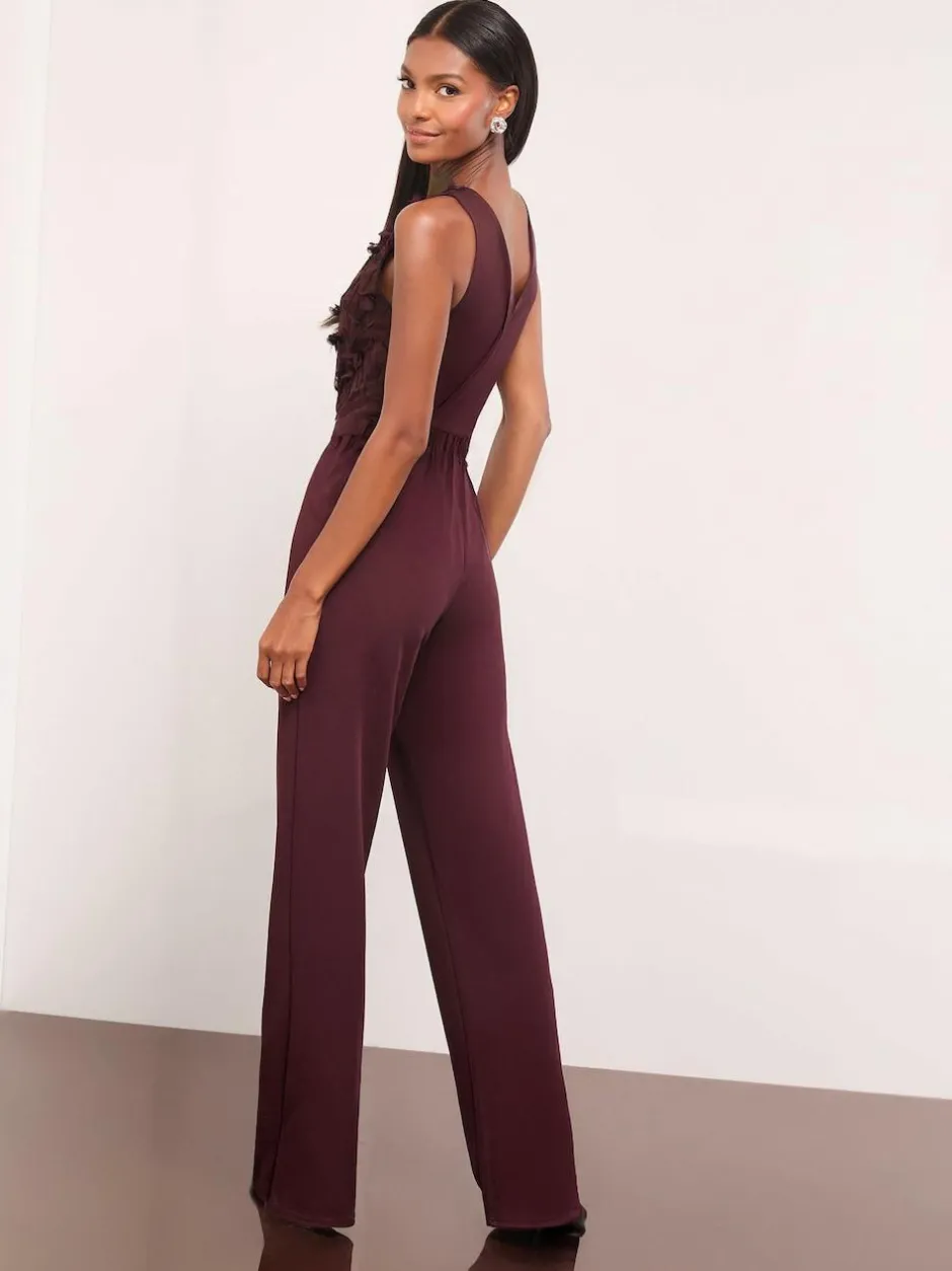 Lipsy Burgundy Red Petite Floral 3D Textured Halter Jumpsuit Hot