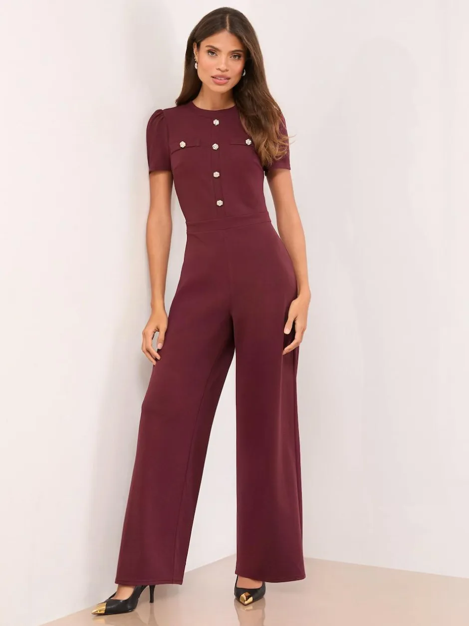 Lipsy Petite Military Buttoned Jumpsuit Burgundy Red