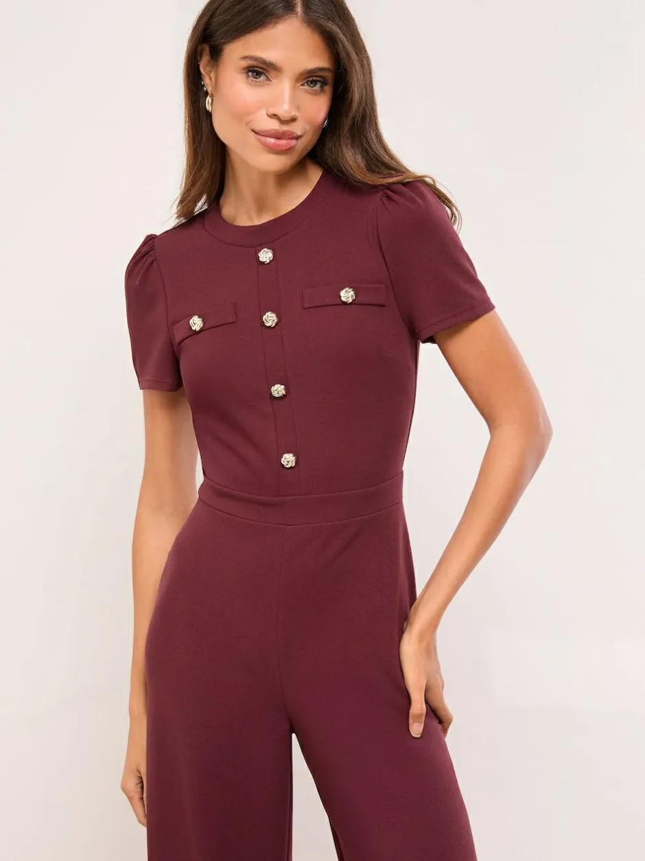 Lipsy Petite Military Buttoned Jumpsuit Burgundy Red