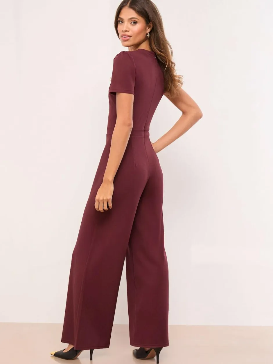 Lipsy Petite Military Buttoned Jumpsuit Burgundy Red